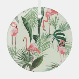 Pink Flamingo Exotic Flowers Pattern Glass Tree Decoration