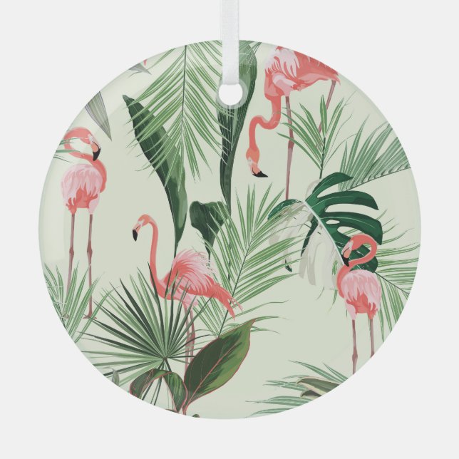 Pink Flamingo Exotic Flowers Pattern Glass Tree Decoration (Front)