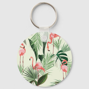Pink Flamingo Exotic Flowers Pattern Key Ring