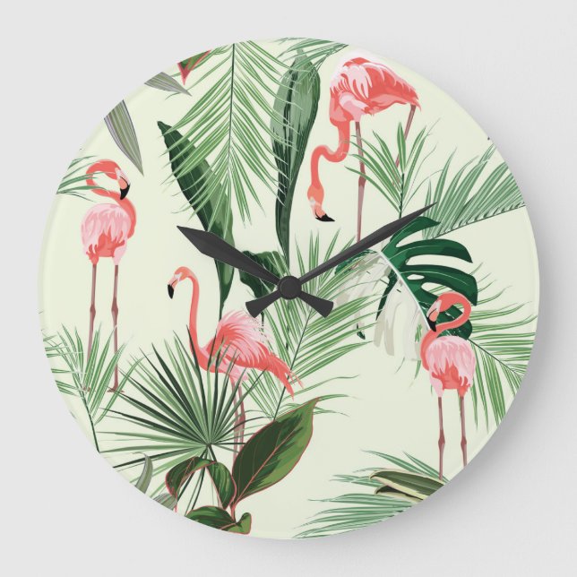 Pink Flamingo Exotic Flowers Pattern Large Clock (Front)