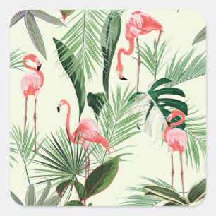 Pink Flamingo Exotic Flowers Pattern Square Sticker