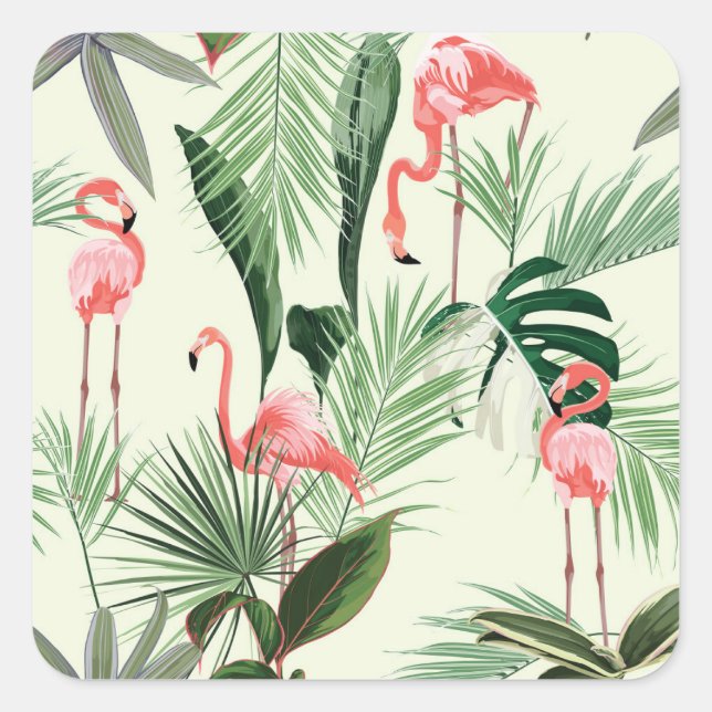 Pink Flamingo Exotic Flowers Pattern Square Sticker (Front)