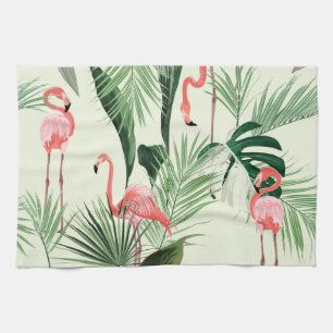 Pink Flamingo Exotic Flowers Pattern Tea Towel