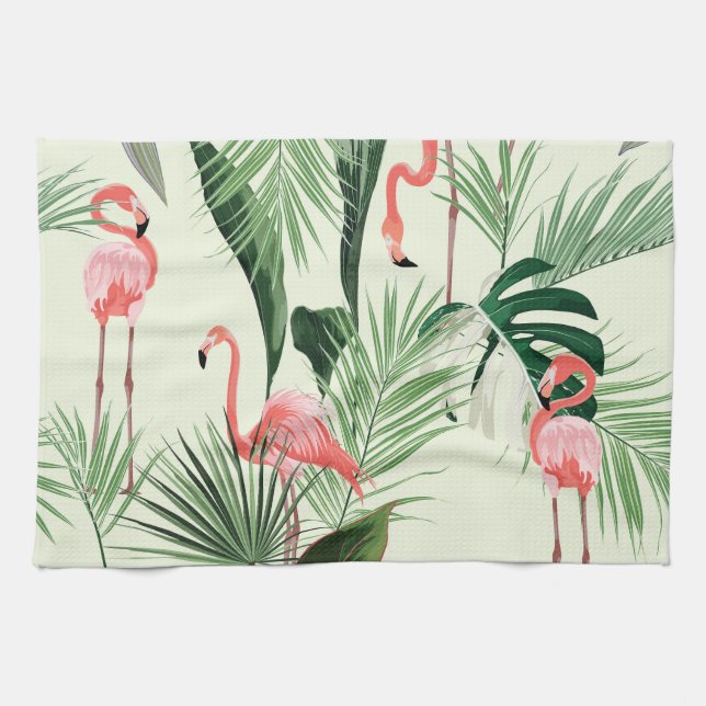 Pink Flamingo Exotic Flowers Pattern Tea Towel (Horizontal)