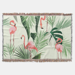 Pink Flamingo Exotic Flowers Pattern Throw Blanket