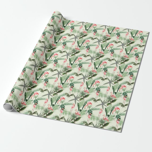 Pink Flamingo Exotic Flowers Pattern Wrapping Paper (Unrolled)