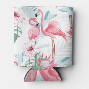 Pink Flamingo: Exotic Flowers Seamless. Can Cooler