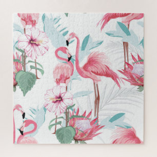 Pink Flamingo: Exotic Flowers Seamless. Jigsaw Puzzle