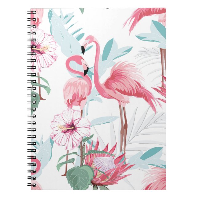 Pink Flamingo: Exotic Flowers Seamless. Notebook (Front)