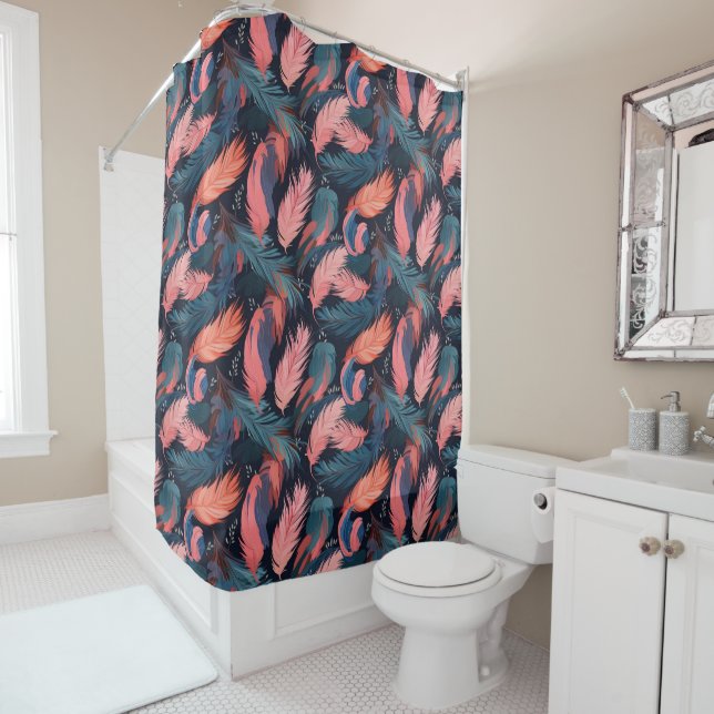Pink Flamingo Feathers Tropical Themed Pattern Shower Curtain (In Situ)