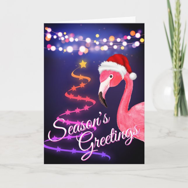 Pink Flamingo Festive Tropical Beach Christmas Holiday Card (Front)