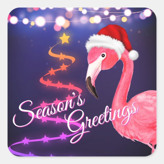 Pink Flamingo Festive Tropical Beach Christmas Square Sticker (Front)