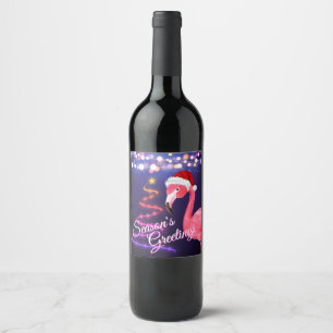 Pink Flamingo Festive Tropical Beach Christmas Wine Label