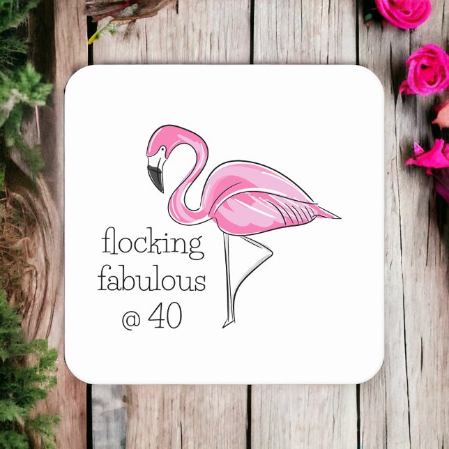 Pink Flamingo Flocking Fabulous at Forty Square Paper Coaster (Creator Uploaded)
