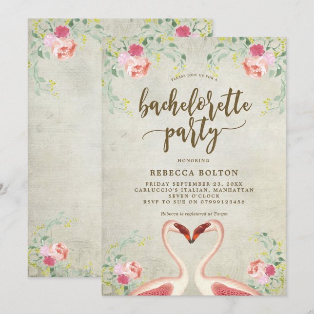 pink flamingo floral bachelorett party invitation (Front/Back)