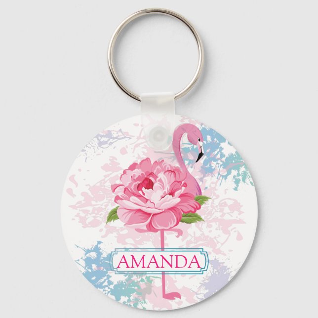 Pink flamingo Floral design Monogram Key Ring (Front)