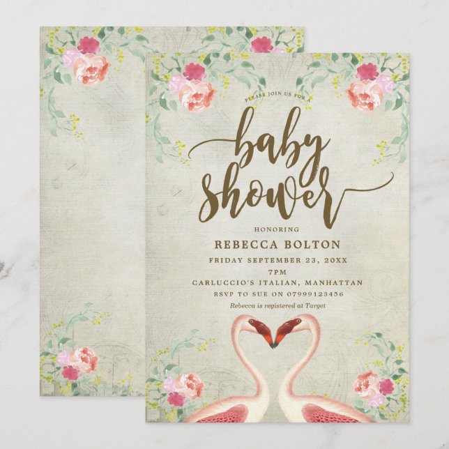 pink flamingo floral modern baby shower invitation (Front/Back)