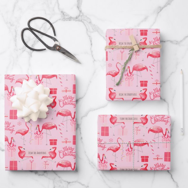 Pink Flamingo Florida Christmas Retro Pastel Pink  Wrapping Paper Sheet (Front)