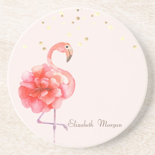 Pink Flamingo Flower,Gold Confetti  Coaster (Front)