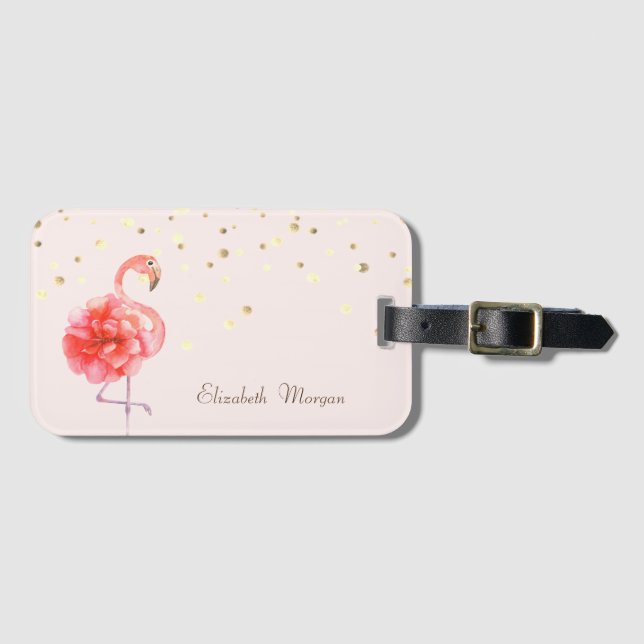 Pink Flamingo Flower,Gold Confetti     Luggage Tag (Front Horizontal)