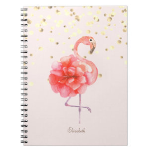 Pink Flamingo Flower,Gold Confetti Notebook