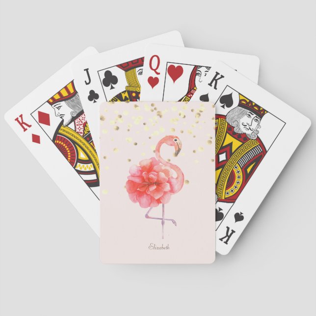 Pink Flamingo Flower,Gold Confetti      Playing Cards (Back)