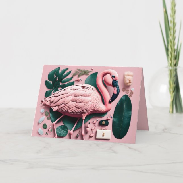 Pink Flamingo Folded Postcard, Card (Front)