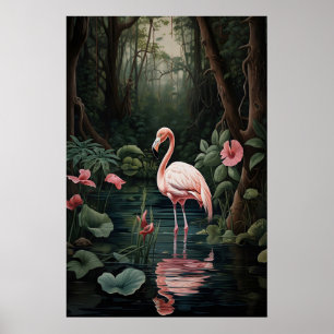 Pink Flamingo Forest River Print, Tropical Poster