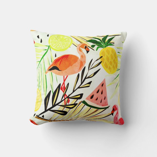 Pink Flamingo & fruit. Cushion (Front)