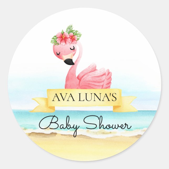 Pink Flamingo Girl Baby Shower Classic Round Sticker (Front)