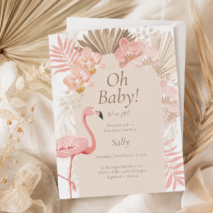 Pink flamingo girl baby shower invitation