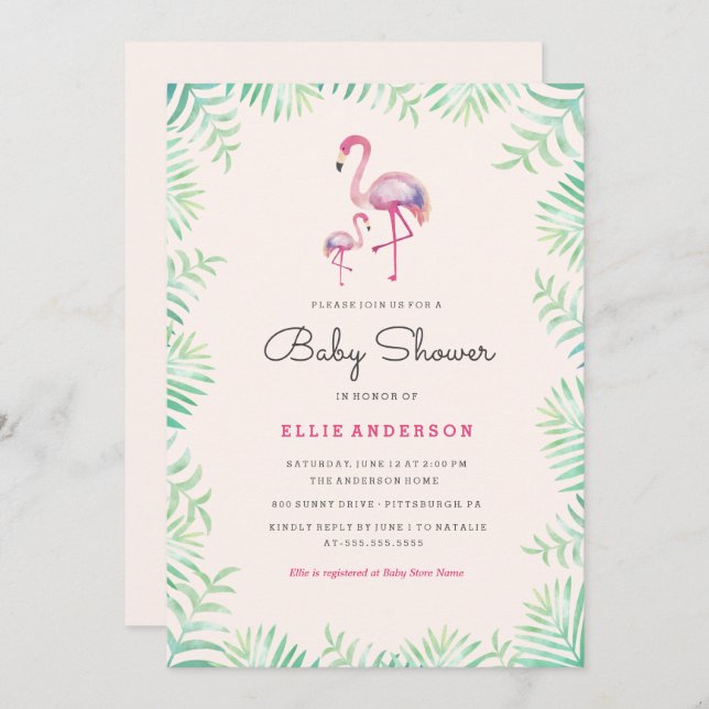 Pink Flamingo Girl Baby Shower Invitation (Front/Back)