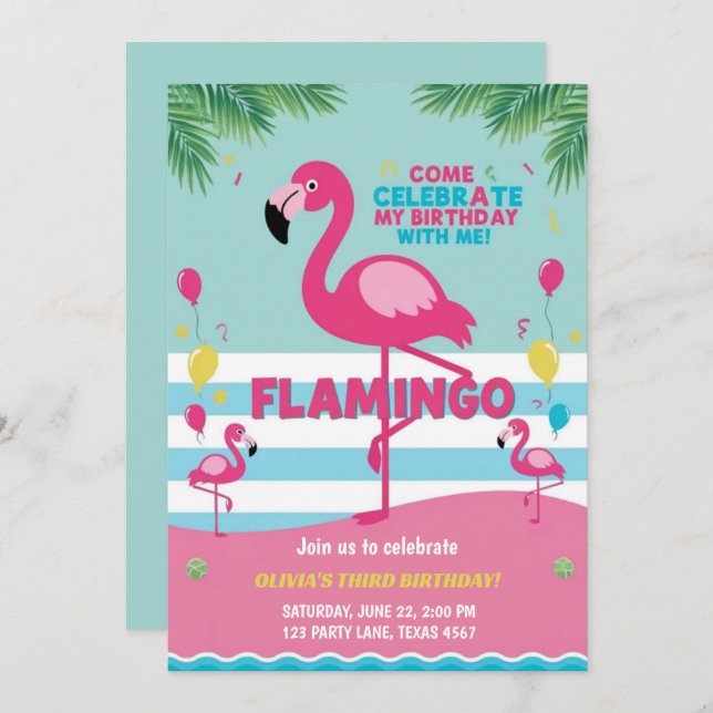 Pink Flamingo Girl Birthday  Invitation (Front/Back)