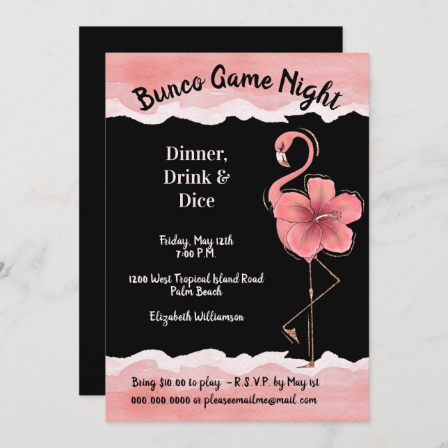 Pink Flamingo Girls Night Bunco Invitation (Front/Back)