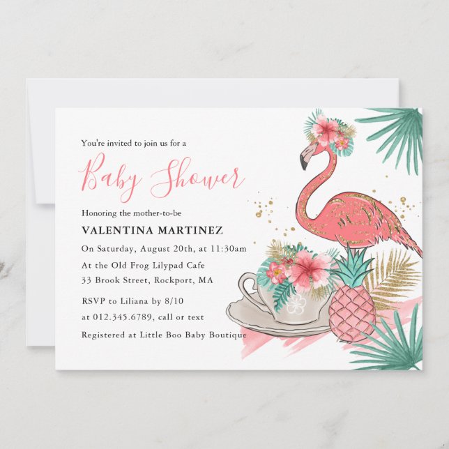 Pink Flamingo Gold Glitter Baby Shower Invitation (Front)