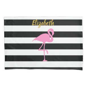 Pink Flamingo Gold Script Black White Stripes Pillowcase