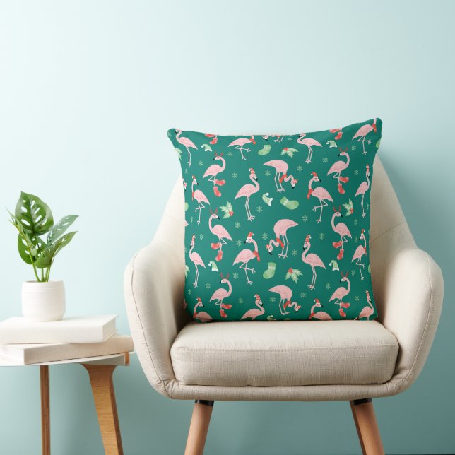 Pink Flamingo Green Christmas Holiday Pattern  Cushion (Chair)