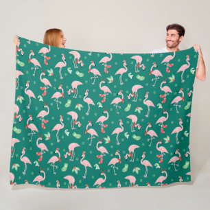 Pink Flamingo Green Christmas Holiday Pattern  Fleece Blanket