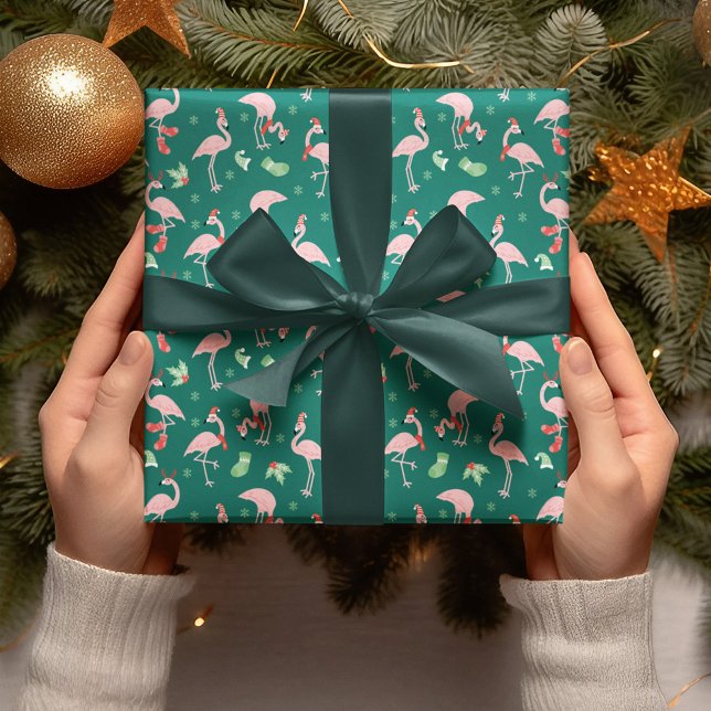 Pink Flamingo Green Christmas Holiday Pattern  Wrapping Paper (Creator Uploaded)