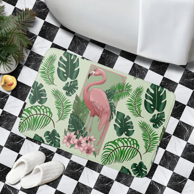 Pink Flamingo Green Leaves Lilies Bath Mat (Creator Uploaded)