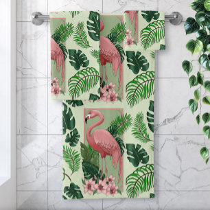 Pink Flamingo Green Leaves Lily Bath Towel Set