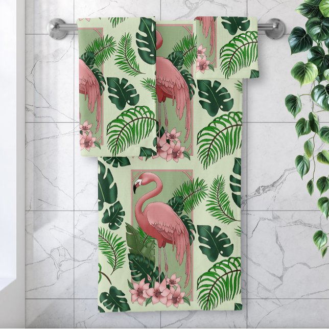 Pink Flamingo Green Leaves Lily Bath Towel Set (Creator Uploaded)