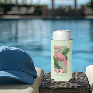 Pink Flamingo Green Leaves Lily Seltzer Can Cooler