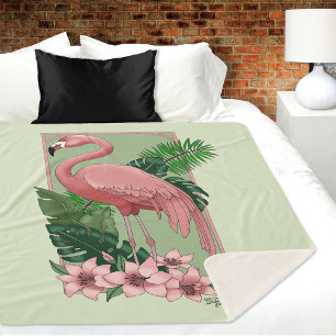 Pink Flamingo Green Leaves Lily Sherpa Blanket