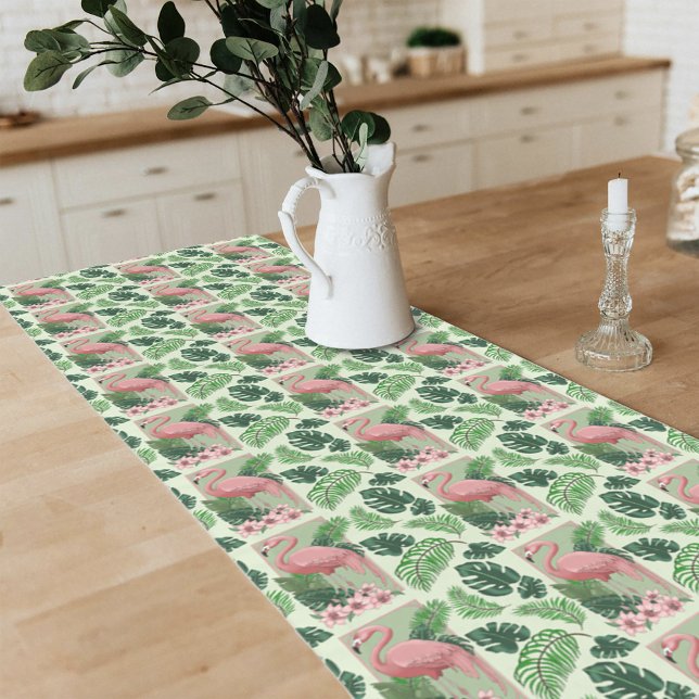 Pink Flamingo Green Leaves Lily Short Table Runner (Creator Uploaded)