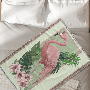 Pink Flamingo Green Leaves Lily Throw Blanket