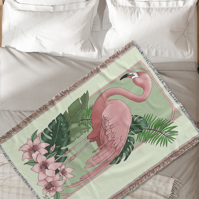Pink Flamingo Green Leaves Lily Throw Blanket (Creator Uploaded)
