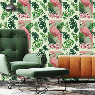 Pink Flamingo Green Leaves Lily Wallpaper