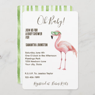 Pink Flamingo Green White Stripes Baby Shower Invitation