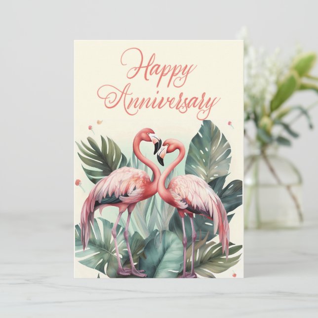 Pink Flamingo Happy Anniversary  Holiday Card (Standing Front)
